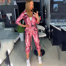 Load image into Gallery viewer, Streetwear PU Leather Pink Silver Glitter Long Sleeve Bodycon Jumpsuit Sexy Women Autumn Winter Belt Romper Night Club Overall
