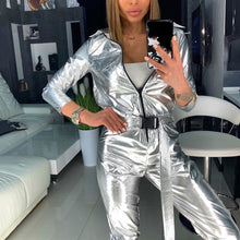 Load image into Gallery viewer, Streetwear PU Leather Pink Silver Glitter Long Sleeve Bodycon Jumpsuit Sexy Women Autumn Winter Belt Romper Night Club Overall